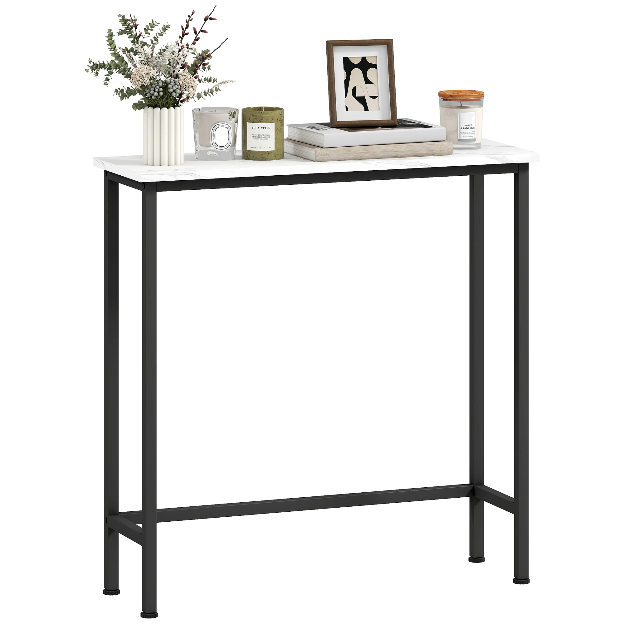 HOMCOM Console Recibidor Estrecha con Superficie con Efecto Mármol y Marco de Métal 75x24x76 cm Blanco et Noir