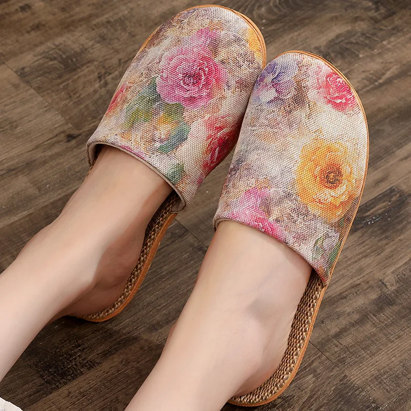 Весенне-осенние удобные тапочки с ретро-принтом, женские подходящие домашние нескользящие дышащие туфли из конопли на мягкой подошве
