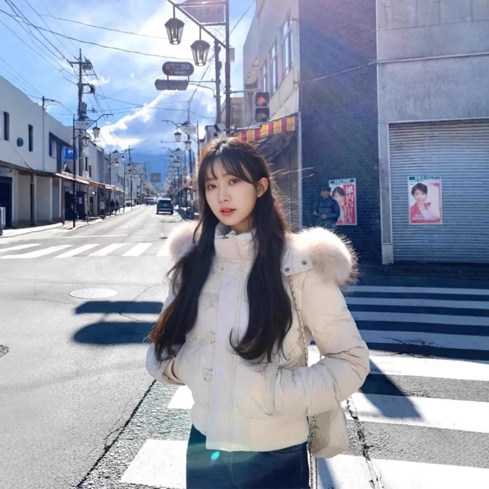 

Thickened Women's Winter Quilted Coat Solid Pockets Elastic Cuffs Fur Collar Female Parka Jacket Instagram-Style Jacket For Lady