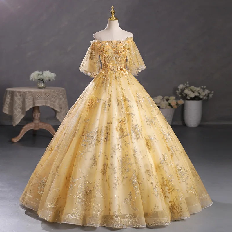 Golden evening dress women's one-word shoulder champagne gold solo tutu skirt student art exam performance uniform