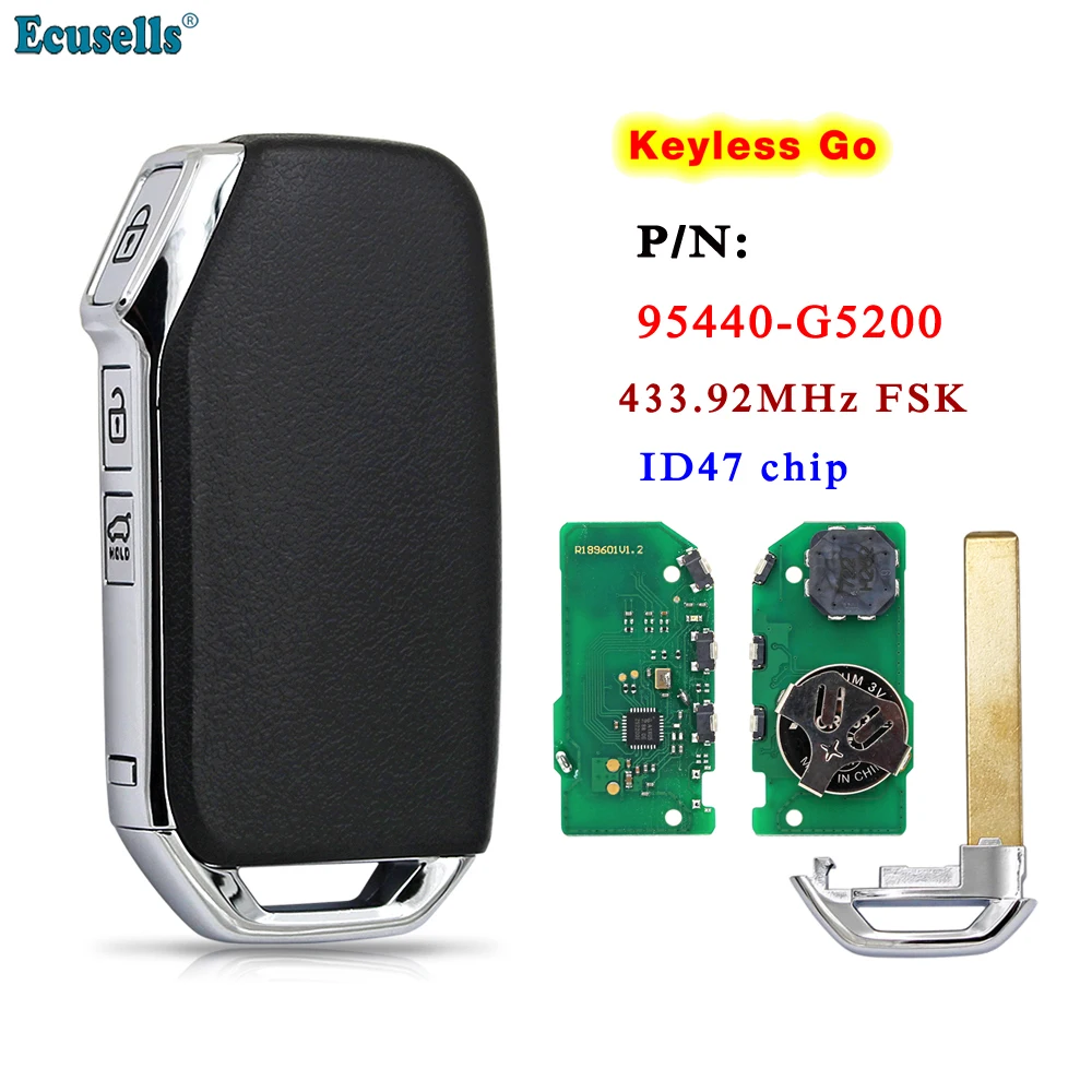 Ecusells 3 Button Smart Remote Key FOB 433MHz ID47 Hitag 3 Chip for Kia Niro 2019 2020 2021 FOB-4F23 P/N: 95440-G5200