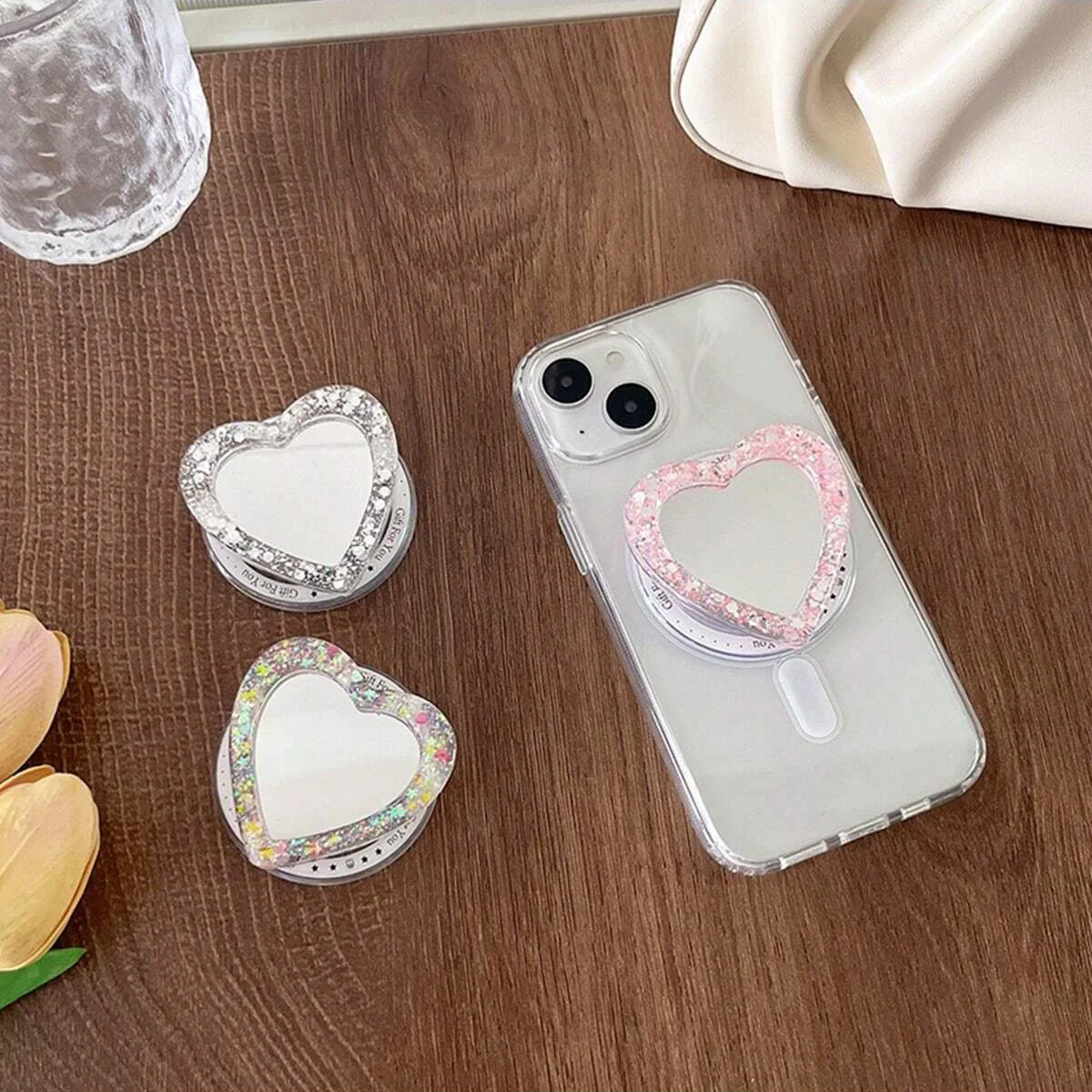 Heart-Shaped Mobile Phone Magnetic Airbag Holder Glitter Sequin Heart-Shaped Portable Makeup Mirror Magnetic Desktop Holder