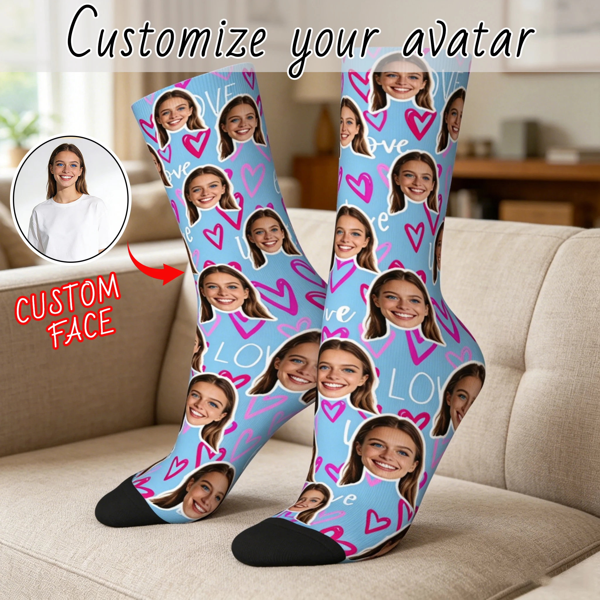 Custom face pattern socks unisex personalized fun socks with face pattern custom with  Valentine's Day gift