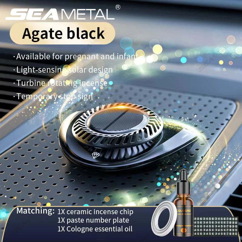 SEAMETAL Solar Rotation Car Air Freshener Dashboard Automatic Essential Oil Diffuser Car Interior Fragrance with Number Plate