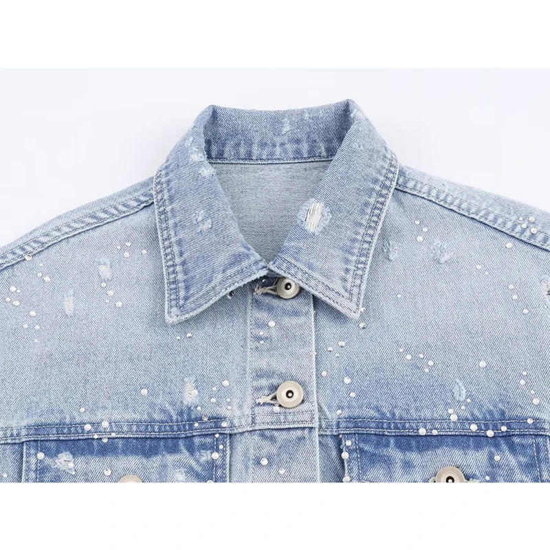 سترة YENKYE النسائية الجديدة ذات الصدر الواحد من قماش الدنيم وياقة على شكل طية صدر وأكمام طويلة مع جيوب ملابس خارجية قصيرة فضفاضة #3