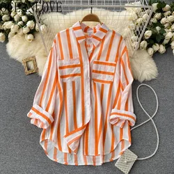 OCEANLOVE Striped Shirts&blouses Women Tops Spring Autumn Loose Vintage Blusas Mujer Korean Fashion Contrast Color Camisas