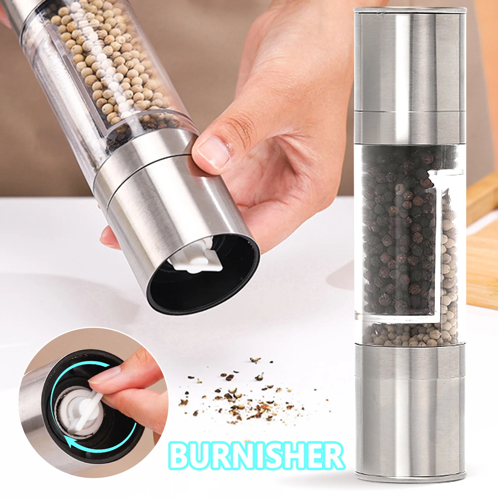 

Manual Spice Salt Pepper Grinder Double Ended Stainless Steel Adjustable Coarseness Pepper Grinding Tool Kitchen Accessories