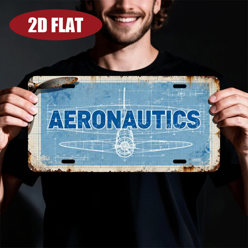 

2D Flat - 1pc 2D Flat Aeronautics Theme Aluminum License Plate | 30.48x15.24 cm Retro Airplane/Propeller/Pilot Metal Sign for Ba