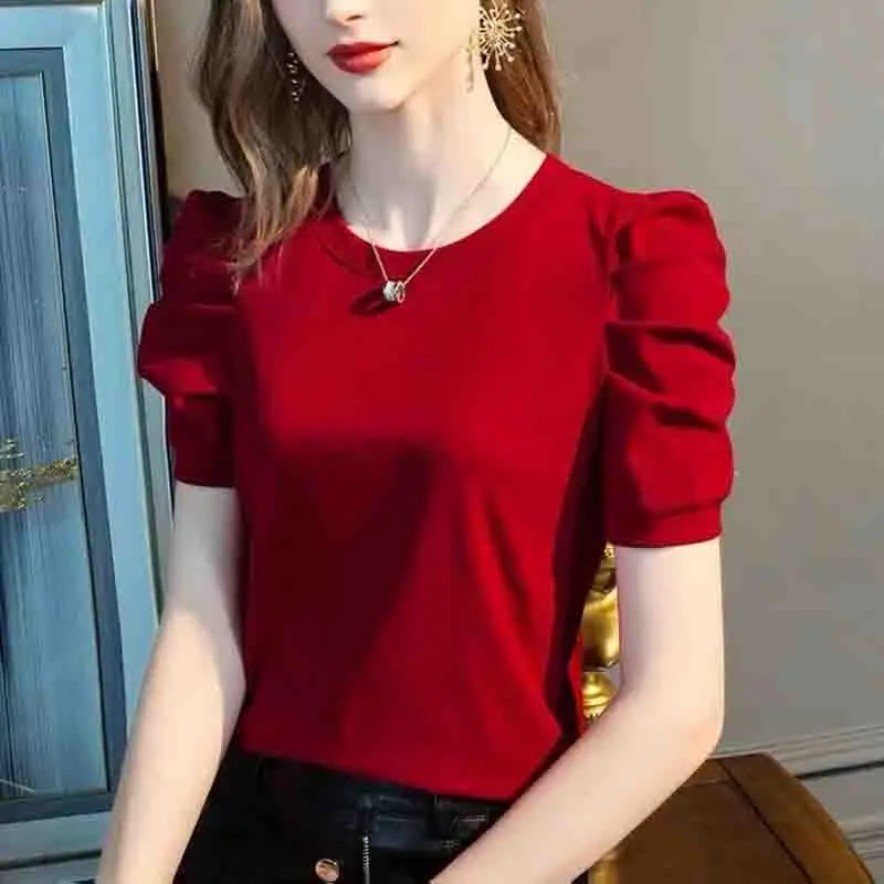 

Summer New Female Cotton Round Neck Short Sleeved T-shirt Women French Bubble Sleeve Round Neck Solid Color T-shirt Blouse