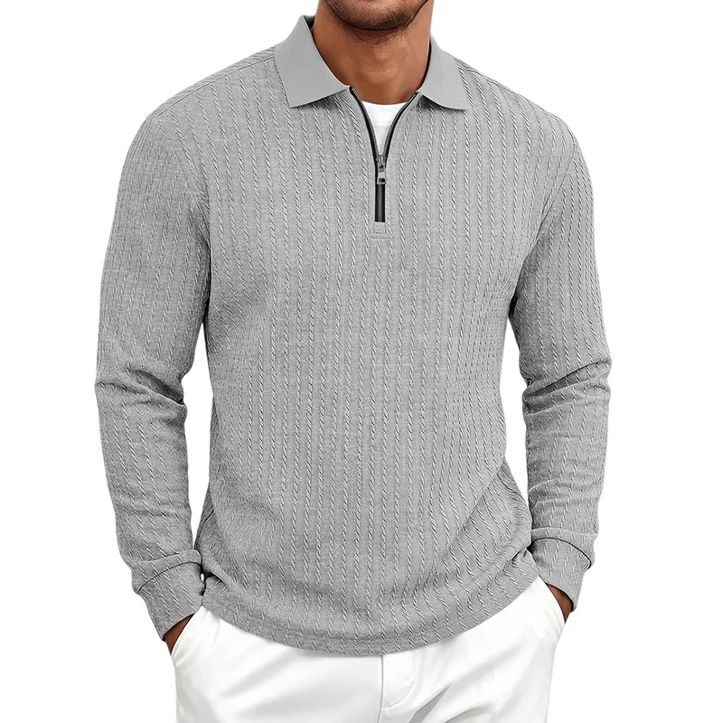 2026 European and American Autumn and Winter New Men's Lapel Zipper Jacquard Long-Sleeved Men's Polo Shirt