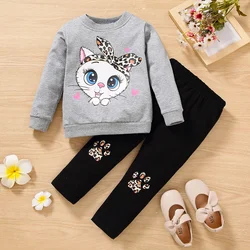 PatPat 2pcs Toddler Girl Cat Print Sweatshirt and Paw Print Leggings Set Soft and Comfortable  Perfect for Outings Daily Wear