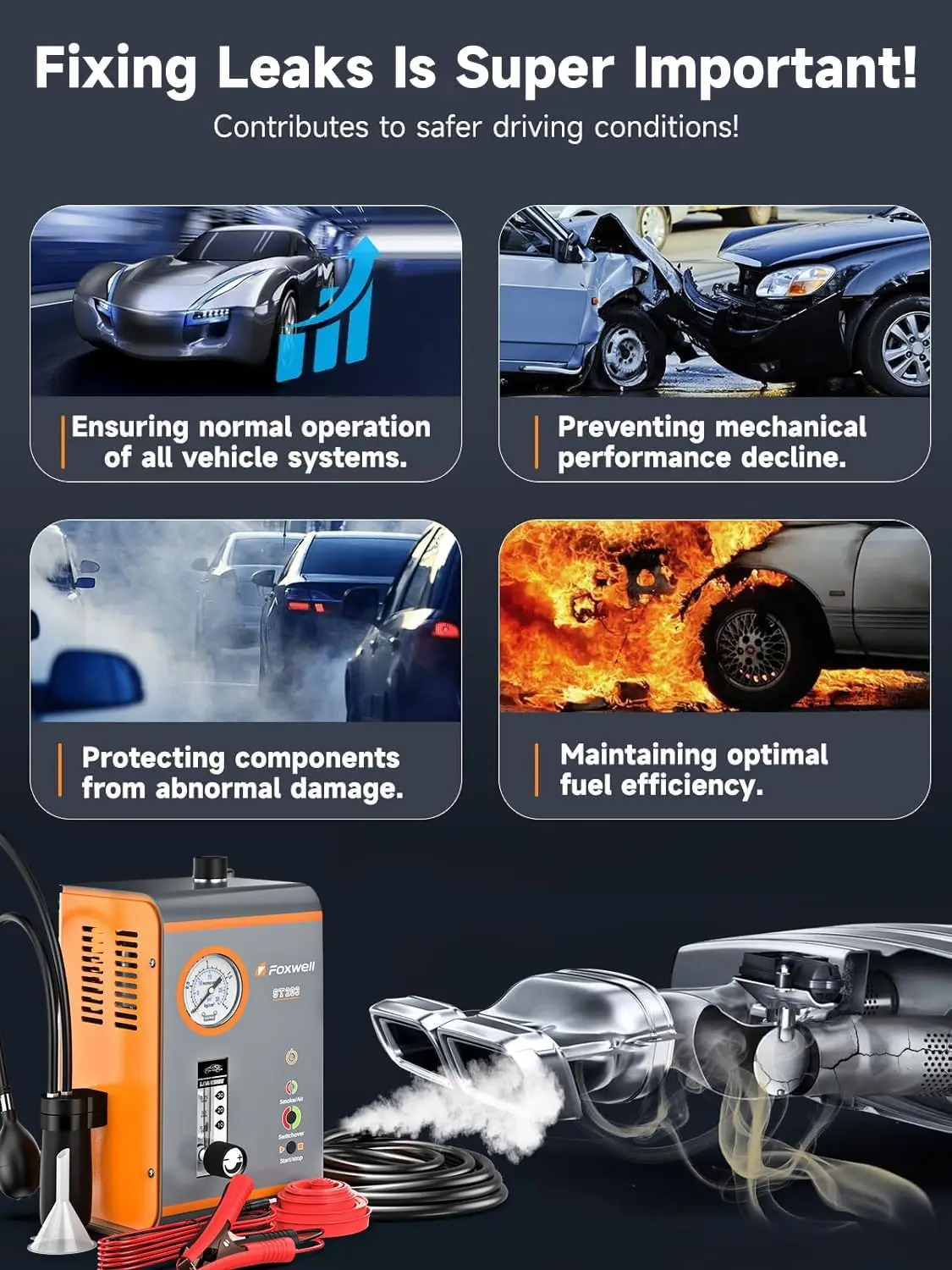 FOXWELL ST203 آلة الدخان كاشف تسرب السيارات مع المدمج في مضخة هواء الأنابيب تسرب محدد كاشف تسرب الغاز الضباب الدخاني