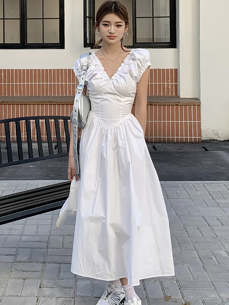 

White Puff Sleeve V-Neck Casual Long Dress for Women Summer Solid Elegant Home Dress 2025 Korean Fashion Bodycon Festival Dress