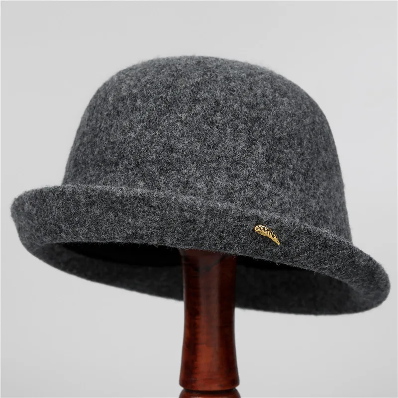 Wollrollrand-Bucket-Hut für Damen, weiche, warme Filz-Cloche-Kappe, einfarbig, Herbst-Winter, lässiger Fischerhut, Alltagskopfbedeckung – Detail 8