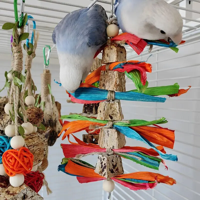 Bird Parrot Toy Natural Wooden Blocks Bird Chewing Toy Parrot Cage Bite Molar Toy Parrot Cage Colorful Hanging Decoration