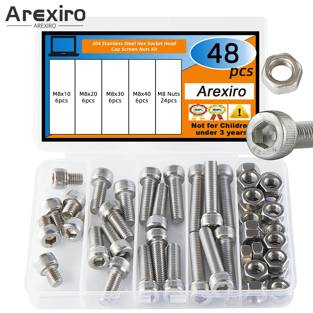 

48Pcs M8x10/20/30/40mm Hexagon Socket Head Screw Bolt and Nut, 304 Stainless Steel Metric Hexagon Drive Combination Kit