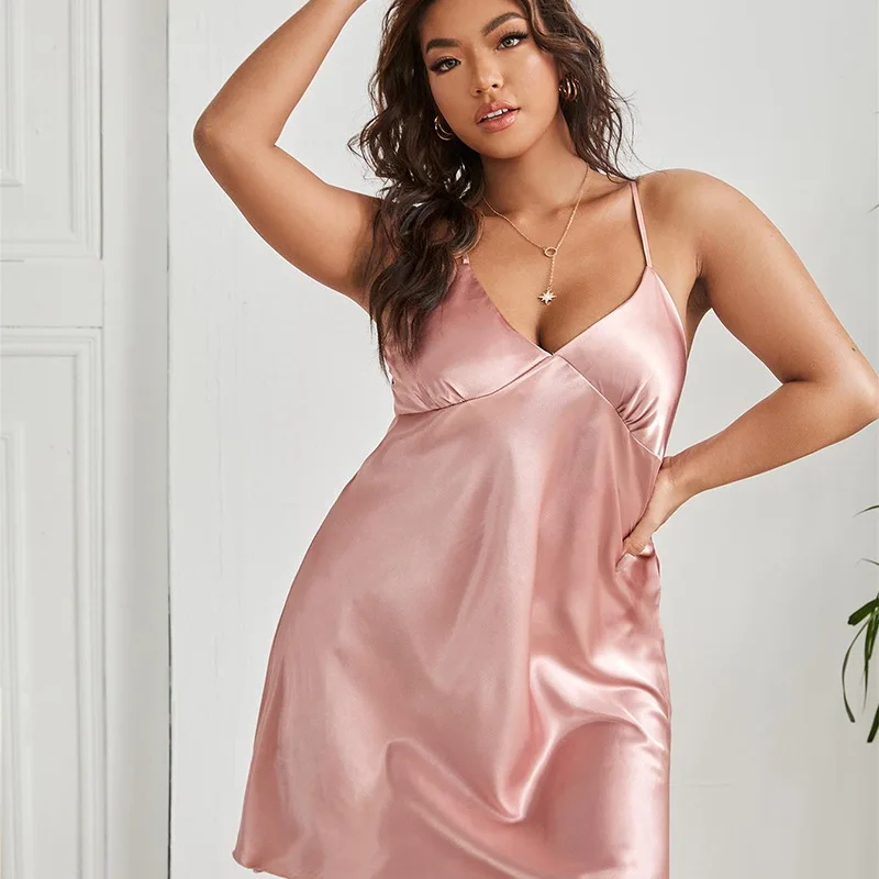 3XL 4XL 5XL Nightdress Summer Ice Silk Suspender Pajamas Plus Size Sexy Nightgown Solid V-Neck Loose Sleepwear Satin Loungewear