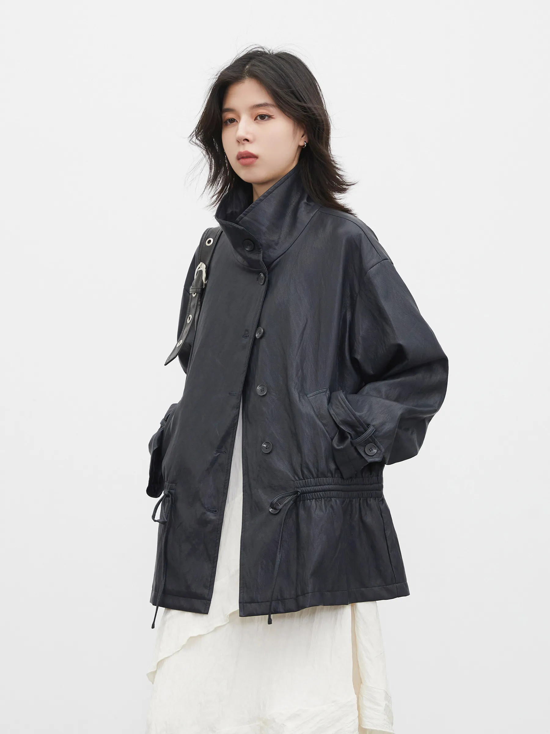 CHIC VEN New Women Faux Leather Coat Streetwear Stand Up Collar Windproof Drawstring PUJacket Motorcycle Spring Autumn 2026