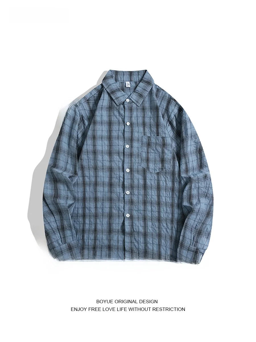 

Мужская рубашка Boyue в японском ретро-стиле в клетку, модная верхняя одежда в корейском стиле для повседневной носки, весенняя коллекция, длинный рукав.