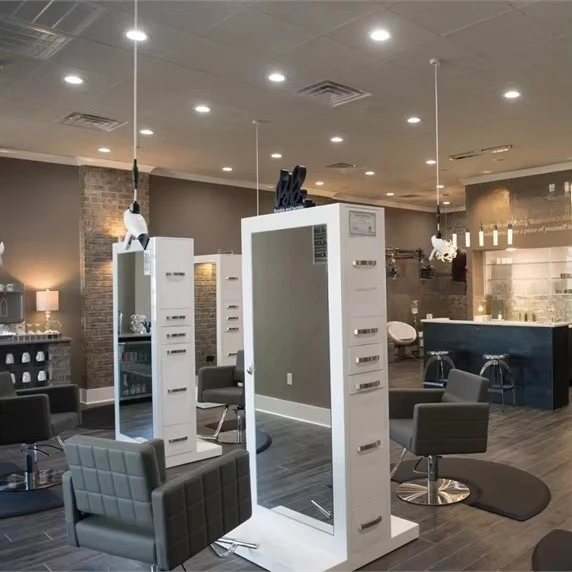 Decorative mirror with drawer salon double sided barbershop mirror station