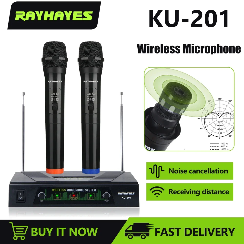 

RAYHAYES KU-201 Wireless Microphone VHF Adjustable Dual Handheld Microphone System 50m Receiving Distance Karaoke