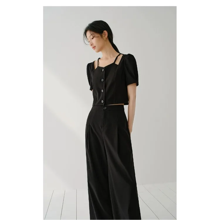 

2026 Summer Korean Style Fashionable Short Bubble Sleeve V-Neck Hollow out Top And Pants Two-Piece Set Women's Clothing