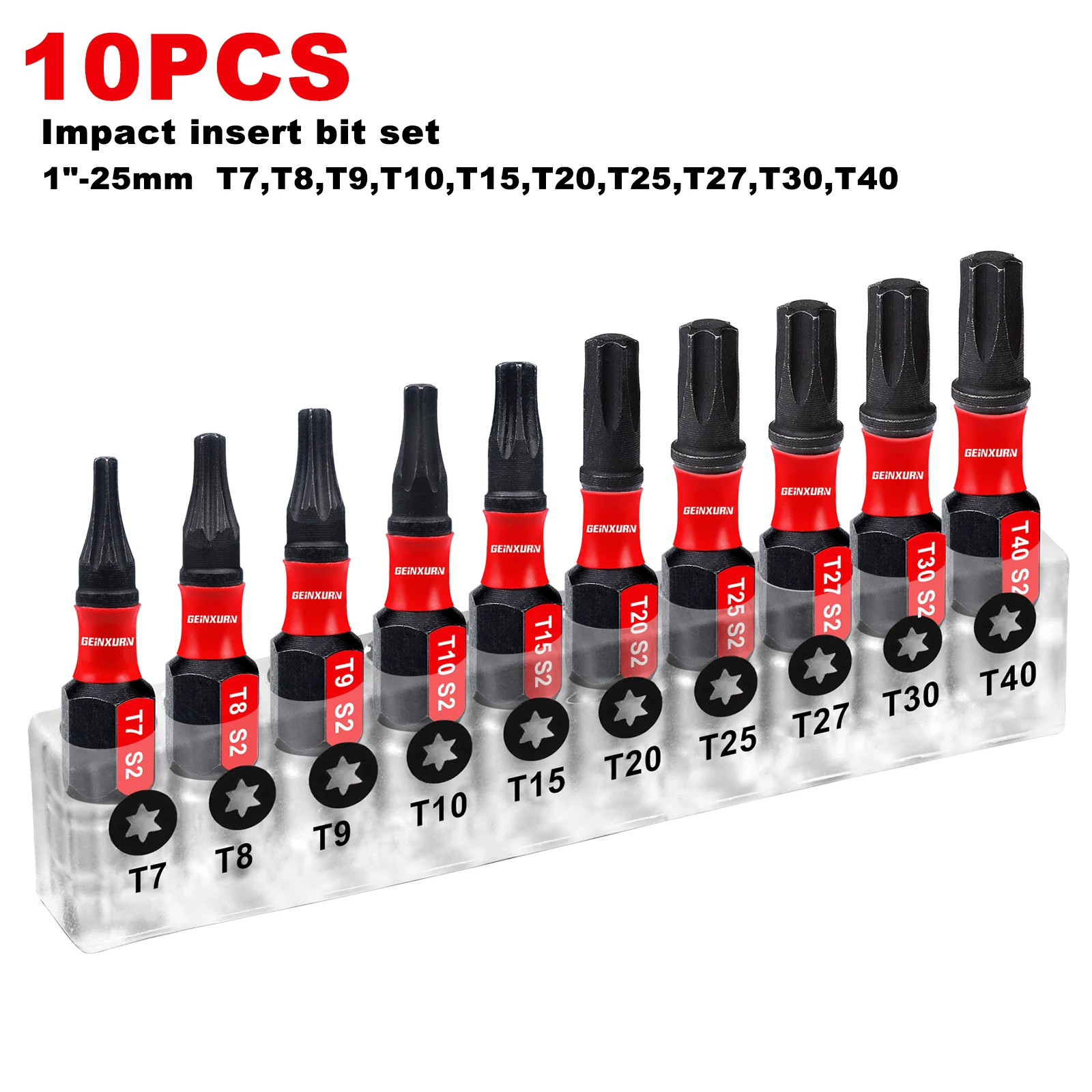 Geinxurn 1 inch T7-T40 Torx-schroevendraaierbitset, slagvast magnetisch S2 gelegeerd staal sterbit met Sase