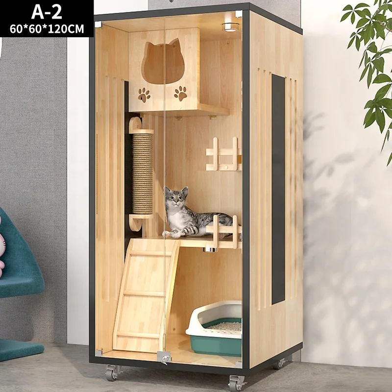 Factory Direct Sustainable Pine Wood Pet House Luxury Cat Sleep Cage Fun Cat Villa Breeding Cage for Cats