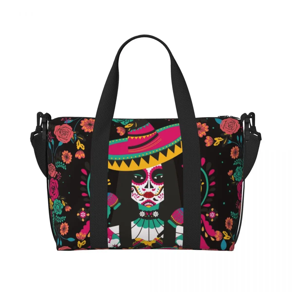 Custom Awesome Mexican Skeleton With Flowers Tote Bag for Women Big Capacity Embroidery Colorful Gym Beach Travel Bags