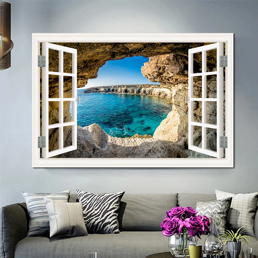 

3D Window Landscape Poster Picture Canvas Print Cave Sea View Canvas Painting Wall Art for Living Room Home Decoration Cuadros