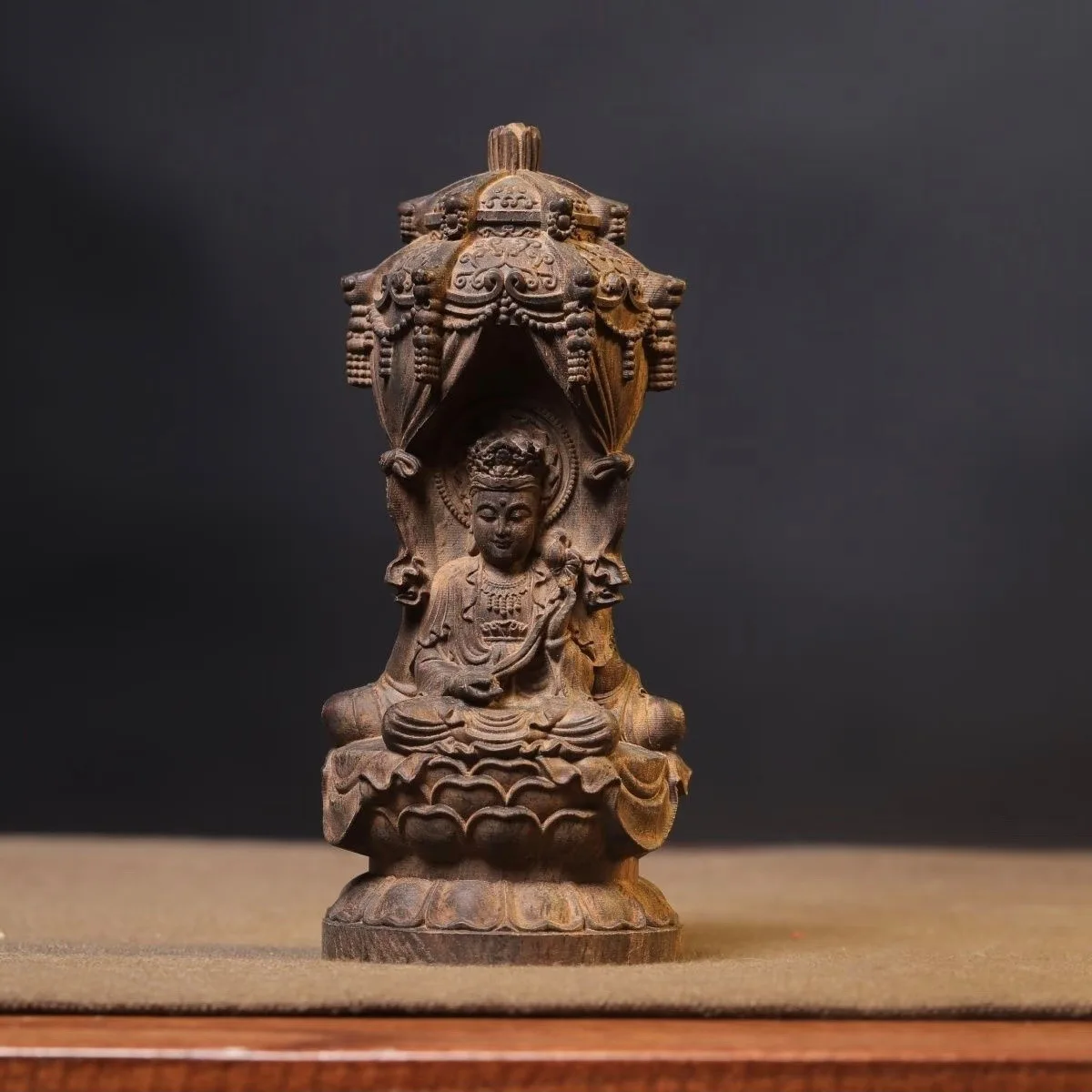 Hand-Carved Antique Wood Statue of Western Three Saints – Amitabha Buddha, Mahasthamaprapta