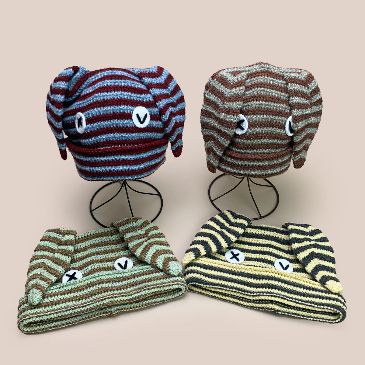 

Cute Striped Eyes Long Ears Letters Knitted Hats New Women Warm Color Block Fashion Outdoor Casual Versatile Funny ins Beanies