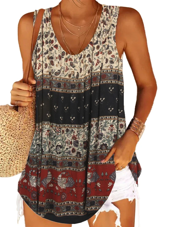 Plus Size Women's Khaki Scoop Neck Sleeveless Floral Printed Tops