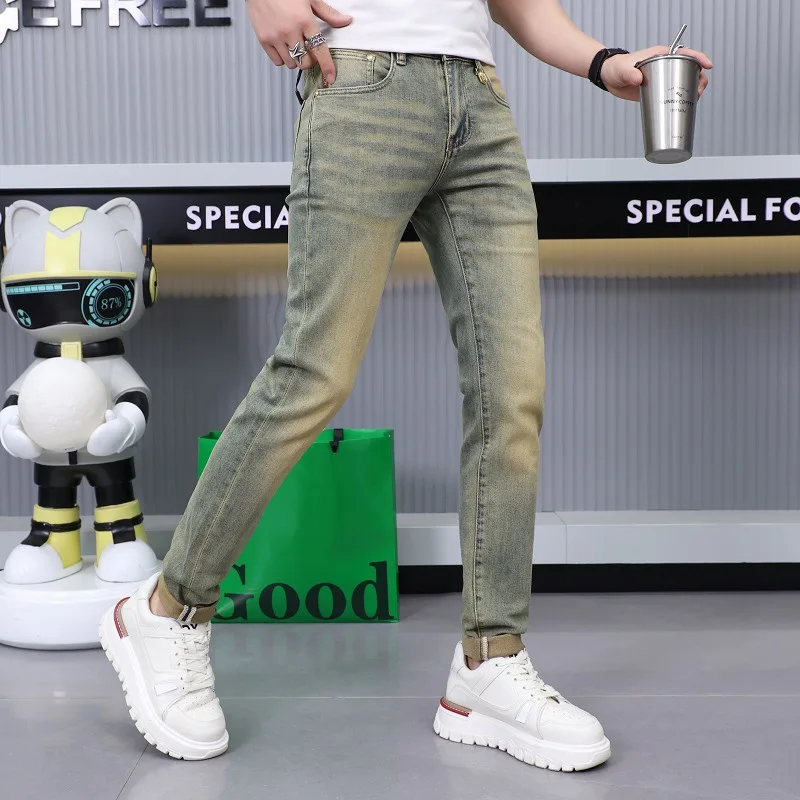 Retro Yellow mud-color jeans men's summer thin stretch slim fit skinny simple all-match Street skinny long pants