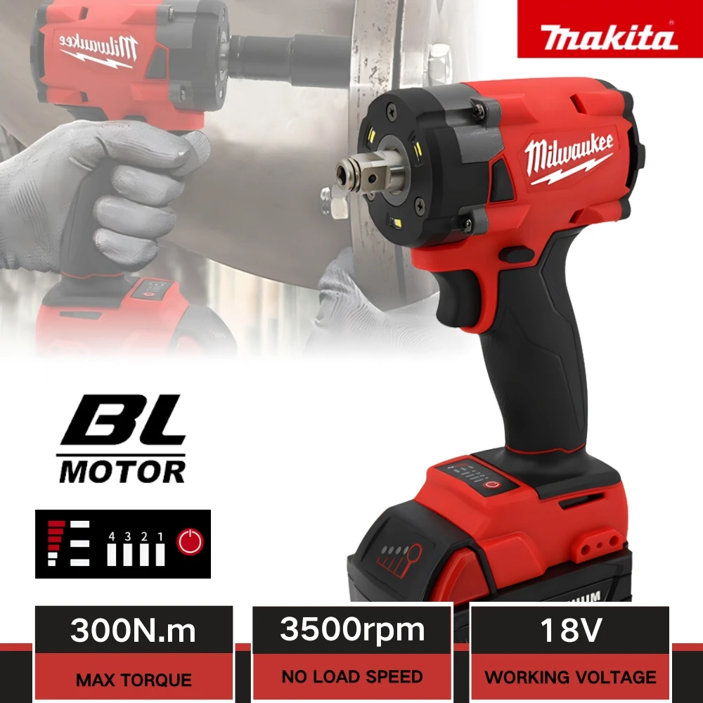 Milwaukee Brushless Electric Impact Wrench Brushless 1/2'' inch LED Work Light Cordless Electric Drill 18V Battery Power Tools