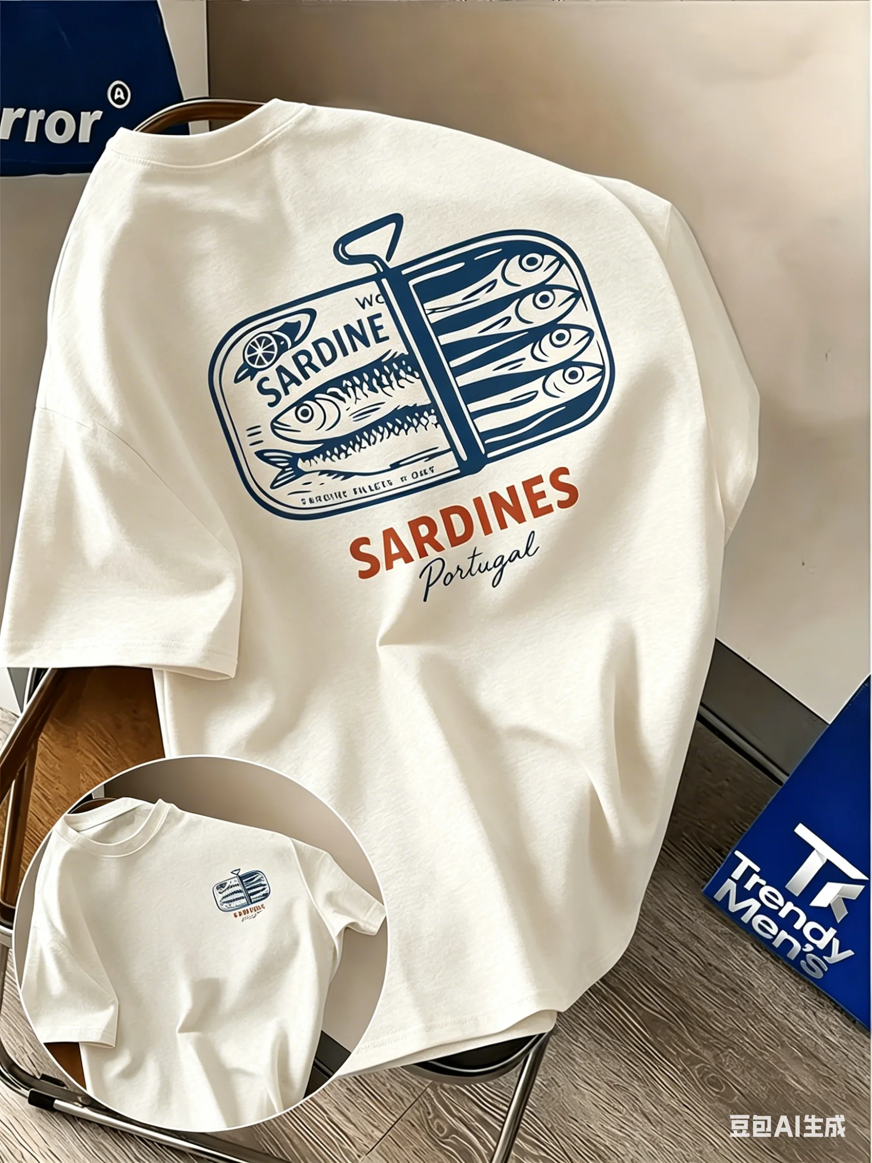 Portugiesische Sardinen-Konserven Retro-Print Sommerküche-Thema Lockeres, bequemes Kurzarm-T-Shirt für Herren mit modischem Print – Detail 6