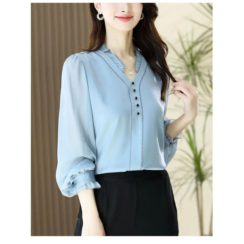 Korean Commuter 2024 Autumn New Women\'s V-Neck Spliced Button Elegant Fashion Loose Flattering Unique Long Sleeve Shirt Blouse