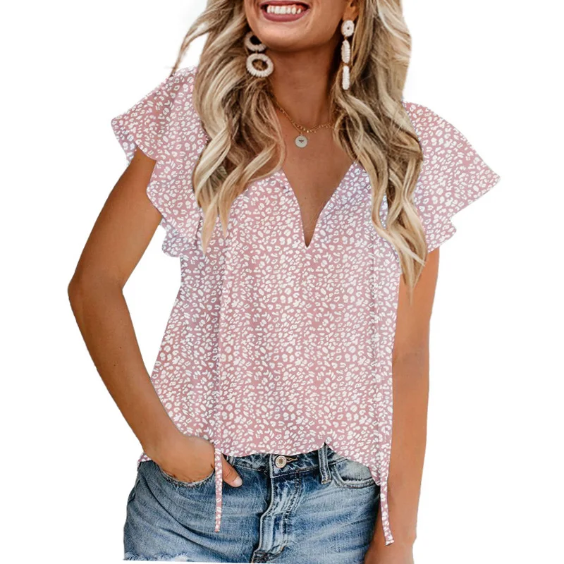 Camisa de gasa con cuello en V informal Floral para mujer, Top de manga corta suelto y Simple, Verano