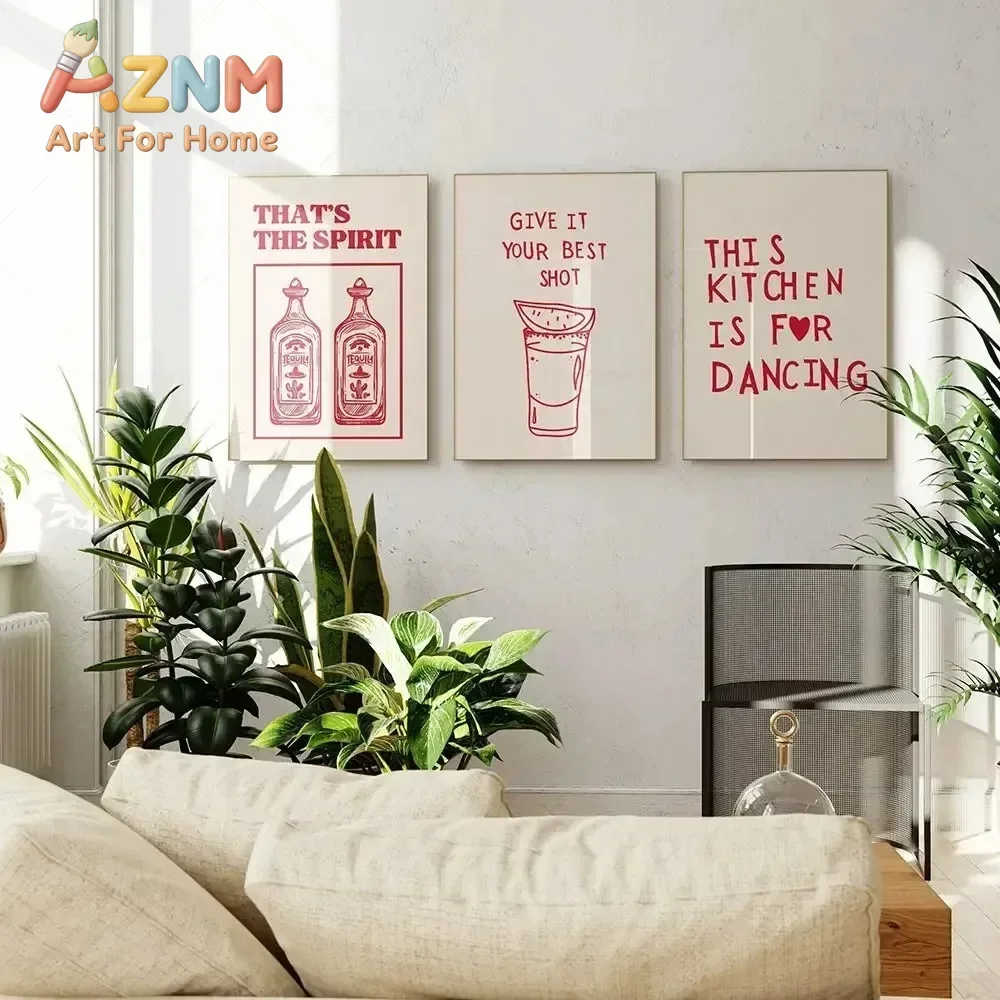 AZNM Red Retro Kitchen Bar Canvas Wall Art Funny Quote Tequila Wine Glass Frameless Print for Dining Room Home Wall Decor