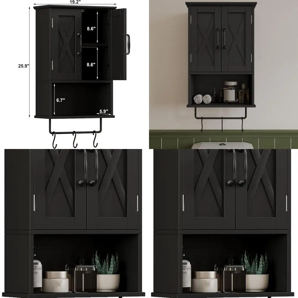 

Черный шкаф для хранения над унитазом с регулируемой полкой, вешалкой для полотенец и 3 крючками для ванной или кухни, длина 19,3