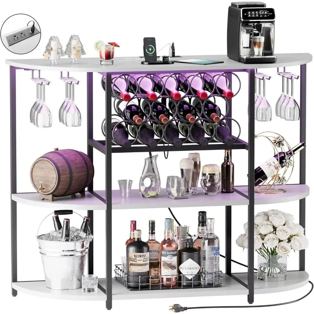 Wine Bar Cabinet with LED Lights and Power Outlets, Freestanding Coffee Liquor Bar Cabinet with Glass Holder