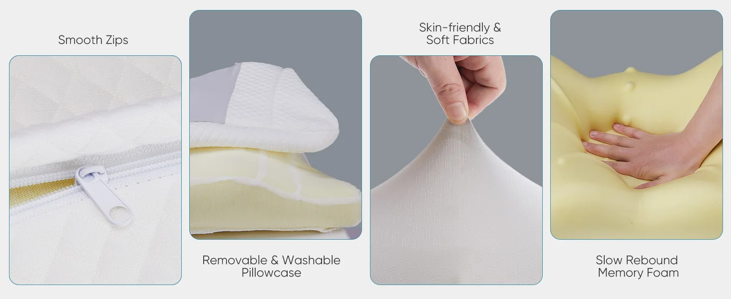 JHK Ergonomic Queen Size Cervical Contour Pillows For Neck 1 Pack Pain Relief Memory Foam Bed Pillow with Cooling Pillowcase