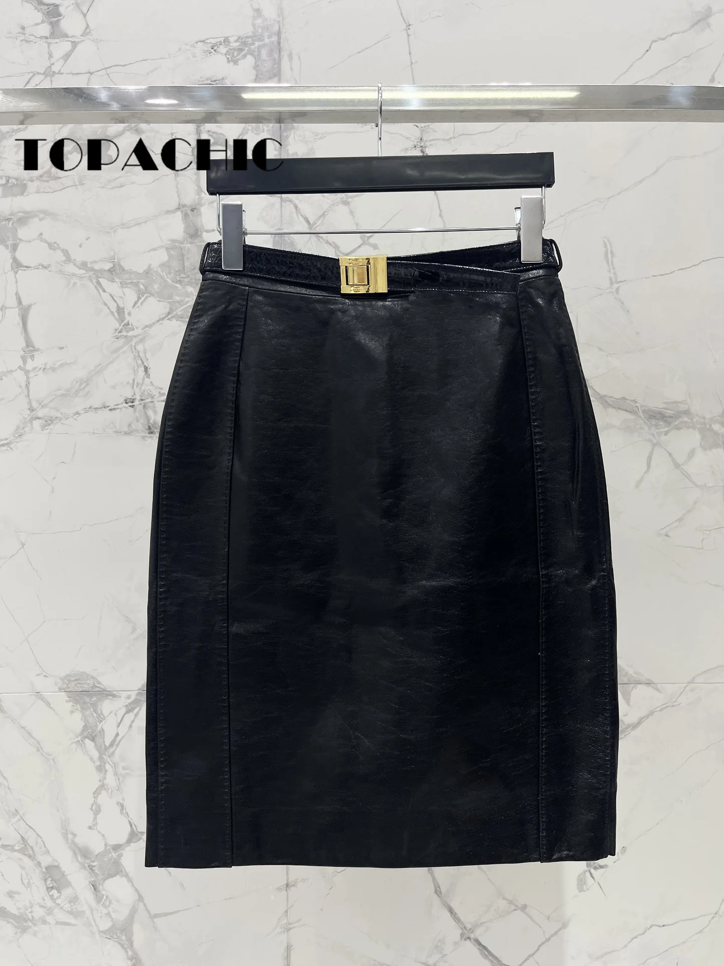 8.4 TOPACHIC-Women\'s High Quality Stitched Genuine Leather Skirt With Gold Belt Fashion All-matches Sheepskin A-Line Skirt