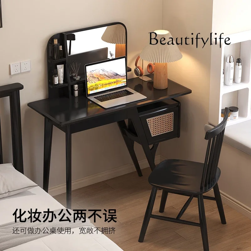 

yj32 Nordic rattan solid wood dresser Japanese black small apartment modern simple makeup table