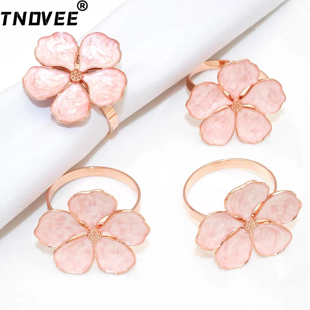 6Pcs Elegant Flower Napkin Rings Pink/White/Rose Gold Floral Napkin Holders Exquisite Home Party Table Decor Accessories