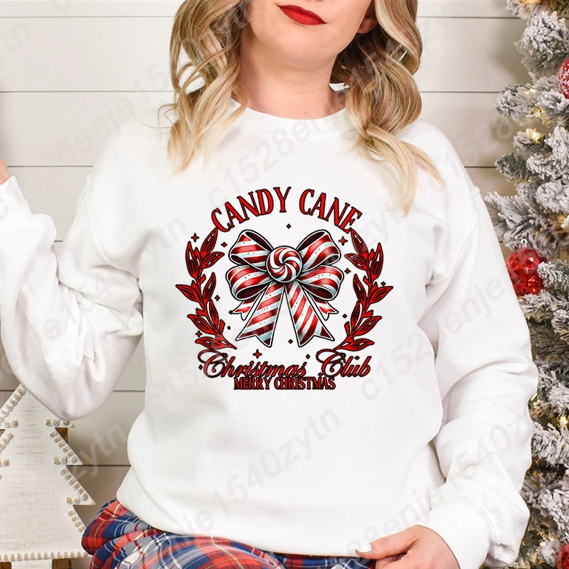 

New Candy Cane Christmas Club Merry Christmas Print Pullovers Women Fashion Casual Hoodeless Sweatshirt Pure Color Oversize Tops