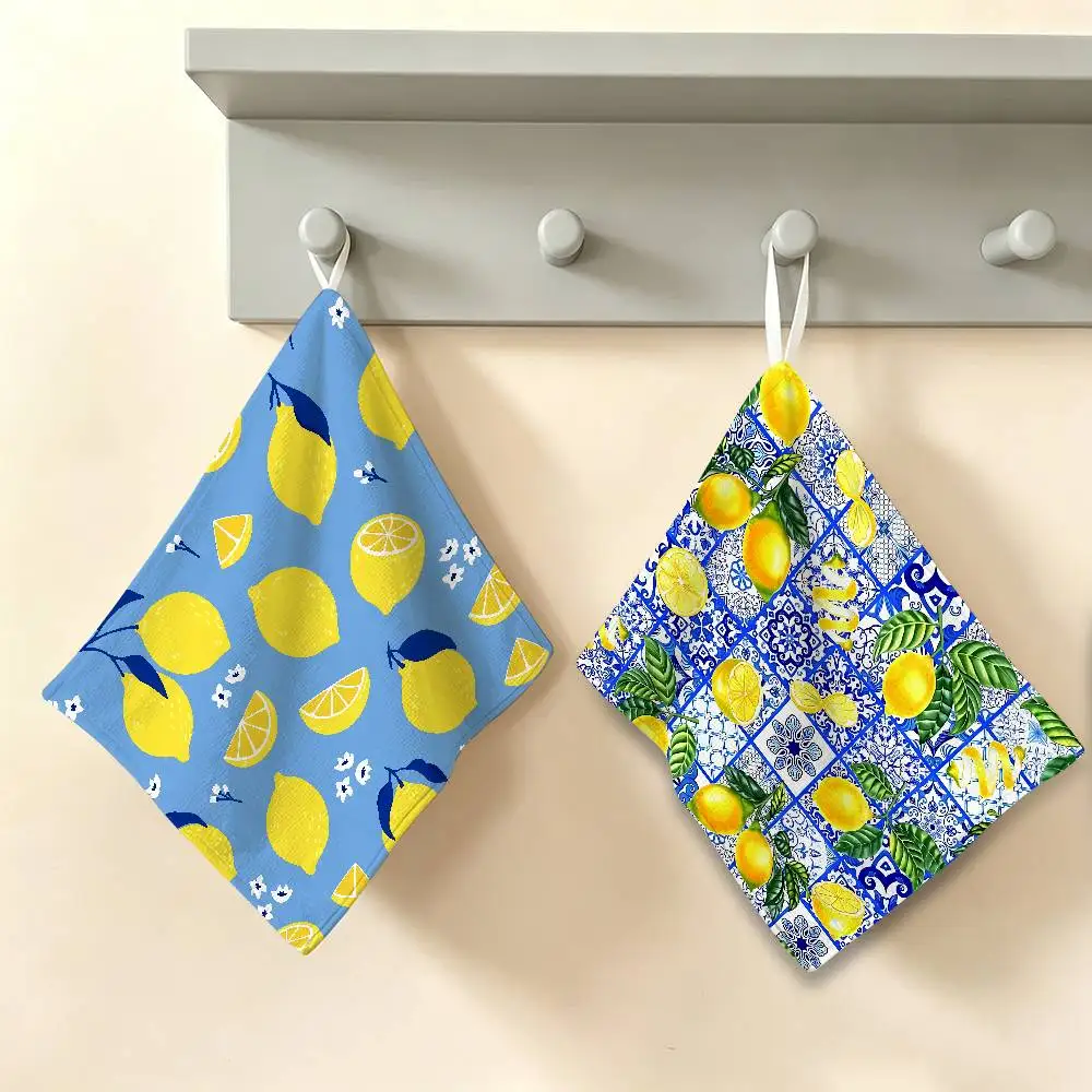 Morocco Lemon Fruit Pattern Art Multi-scene Polyester Cotton Towel, Hanging Hand Wiping Cloth for Kitchen Bathroom Hotel