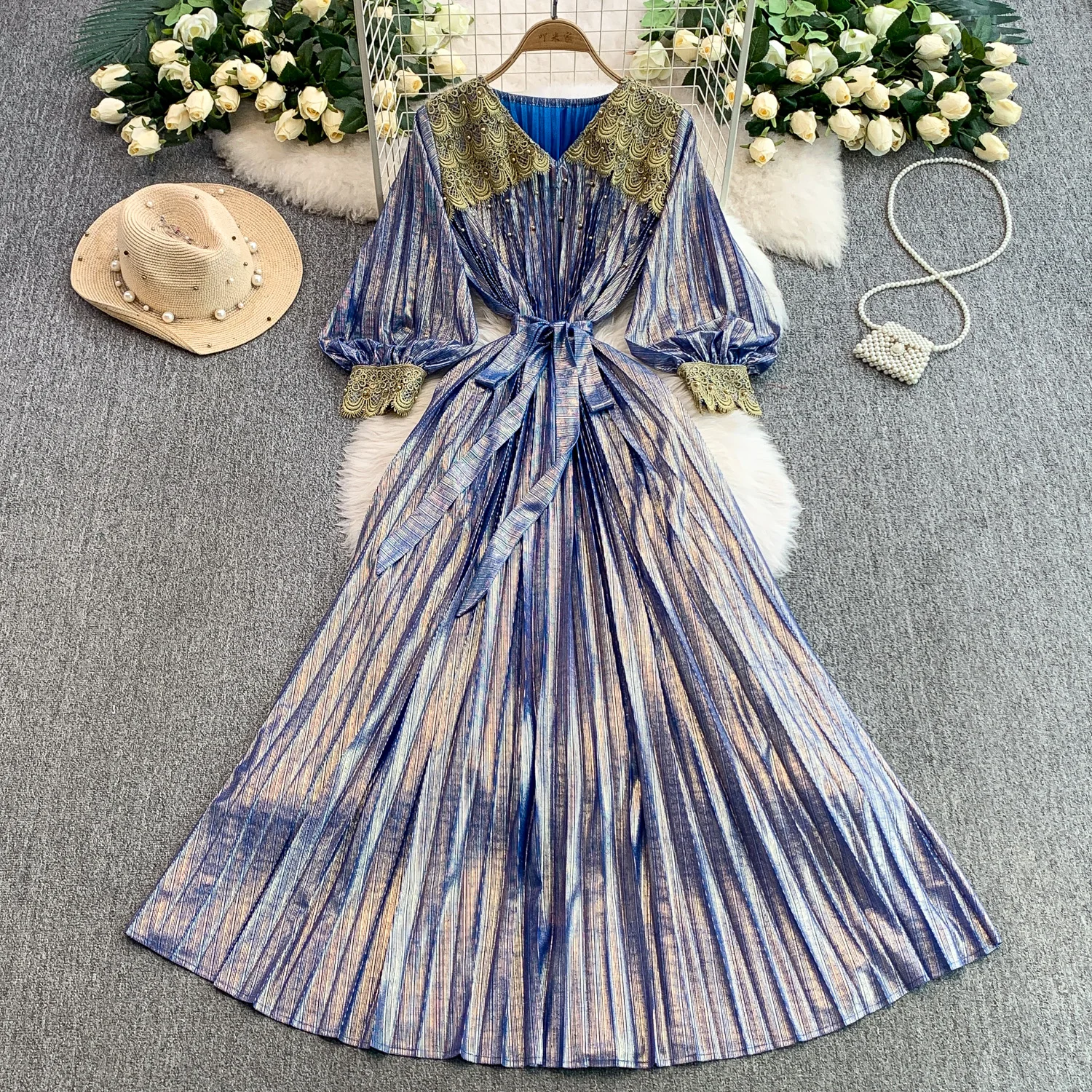 

Elegant Vintage Chic lantern sleeve lace V-neck Slim French Evening Women High Street Clothing ceremony dresses