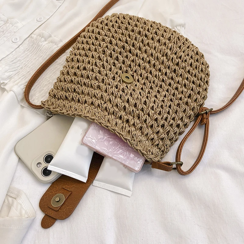 Ladies Crossbody Beach Bags Straw Knitted Purses and Handbags Women Beige Shoulder Bags Summer Holiday Raffia Woven Side Bag