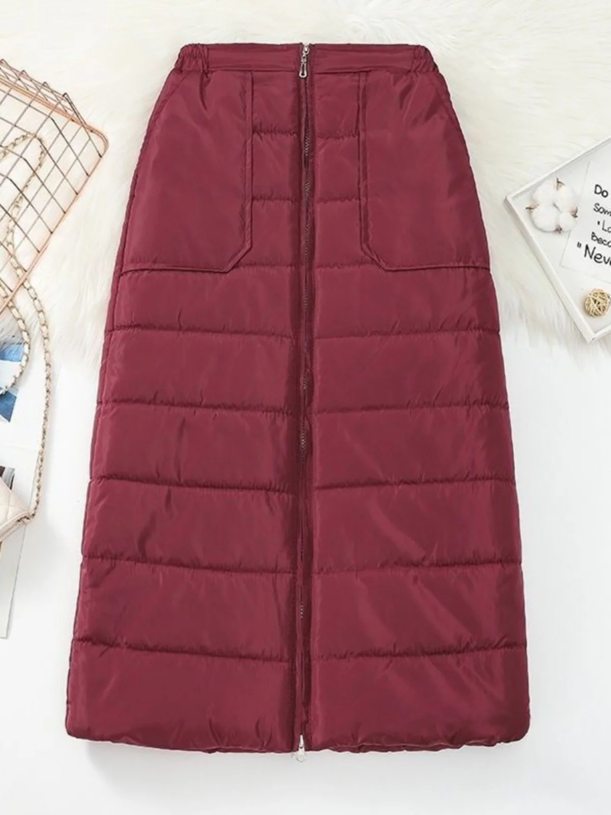 Women's down Cotton Long Zipper Skirt High Waist A-Line Midi Skirt Windproof Warm Winter Faion Chinese Sle Polyester Fiber